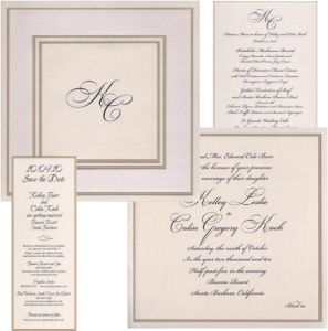 8.5 square Deeply embossed pearly ivory linen/ivory frost with soft gold frost borders