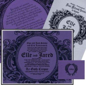 8.5 x 11 Printed Lucite sits on top of a fun descriptive about Goth-themed celebration, silver and black frost details deep purple