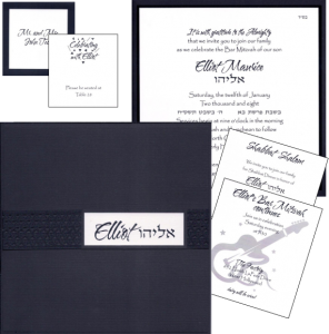 8.5 square Black linen/white linen, detailed with black laser-cut ribbon on cover and inside pocket