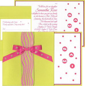6.5 x 9.5 Chartreuse/white/hot pink combination, wave ribbon and dotted bow whimsical detail