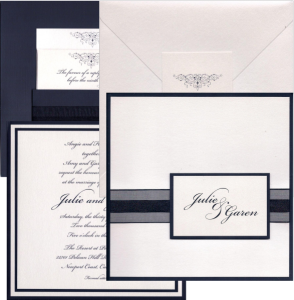 8.5 square Pearl frost/black linen banded with black sheer-satin ribbon on cover and pocket for inserts