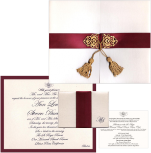 8.5 x 10.5 Ivory frost frenchdoor with rich merlot satin ribbon, gold filigree and tassels, inserts adhered to inside panels with gold-bordered merlot bands, wine box