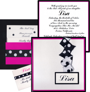 7 square Hot pink/pearl frost/high gloss black detailed with twisted polka-dotted shirred ribbon